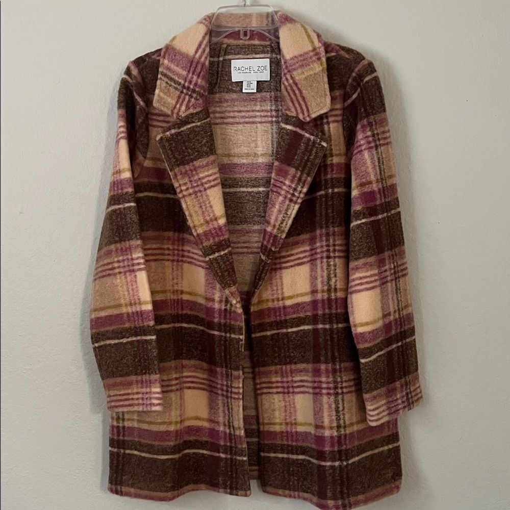 Rachel Zoe Wool Blend  Plaid Open Front with Pockets Coat in Size M